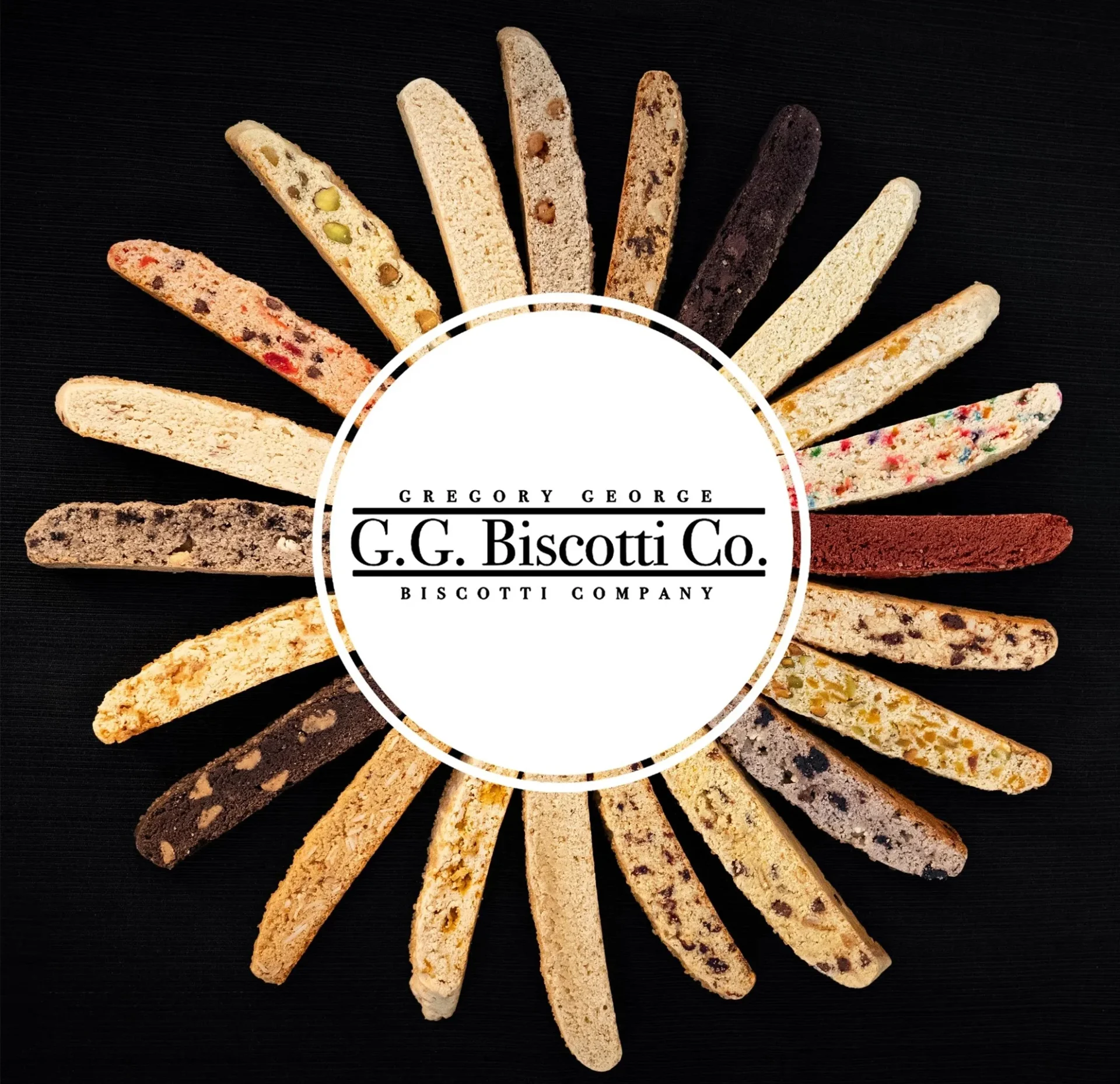 A circle of different colored cookies with the logo for g. C. Biscotti company