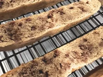 A close up of some bread on a rack